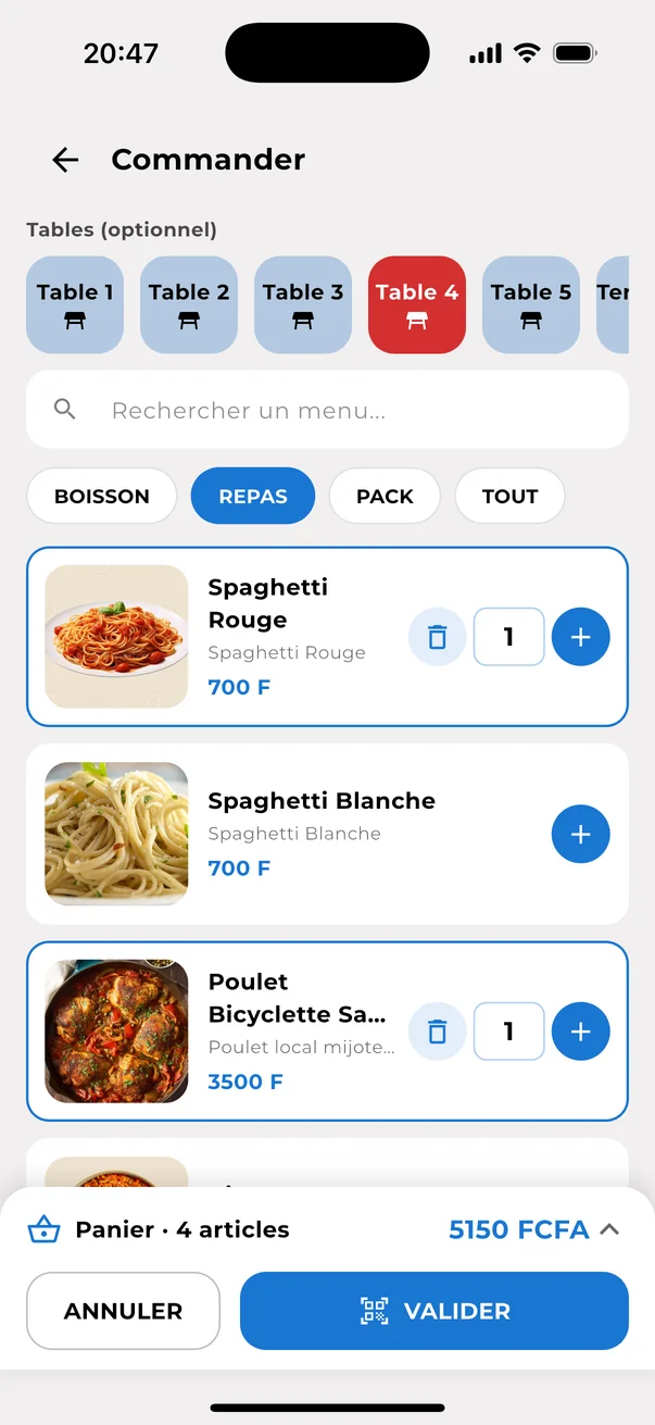 Application mobile Zahan : prise de commande à table