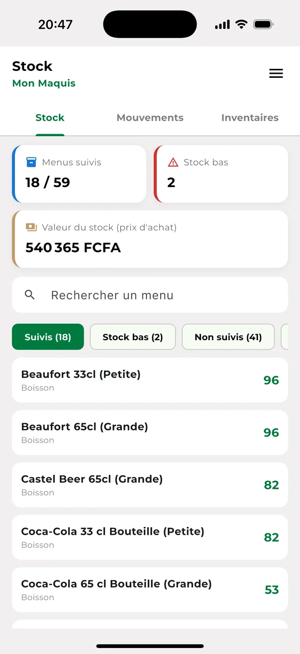 Stock sur l'application Zahan : menus suivis, stock bas et valeur du stock